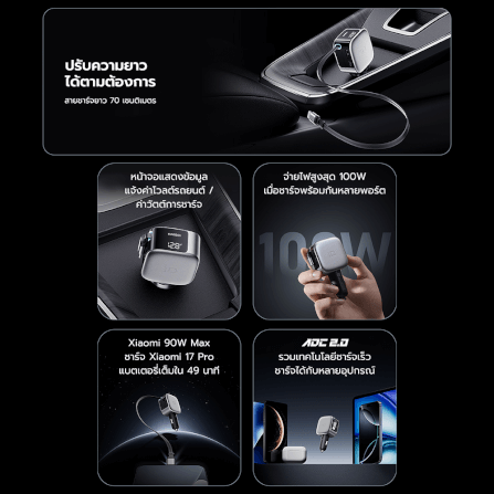 หัวชาร์จในรถ CUKTECH CC903P CAR CHARGER 100W MAX สีดำ พร้อมสายชาร์จ USB-C ในตัว จ่ายไฟได้ 90W_2